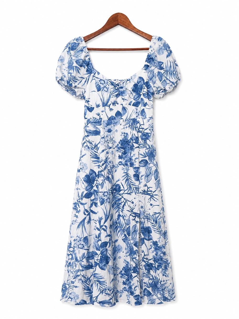 Blu Pepper Blue and White Floral Puff-Sleeve Midi Dress